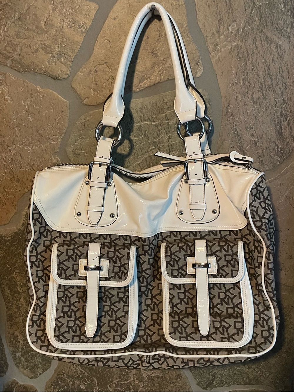 DKNY Brown and White Monogram Shoulder Bag